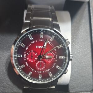 Fossil Burgundy Dial Stainless Steel Watch